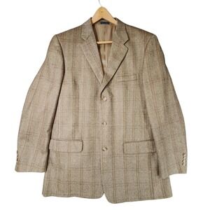 Club Room Cashmere Blazer L42 Men Lambswool Herringbone Plaid Brown Beige Preppy